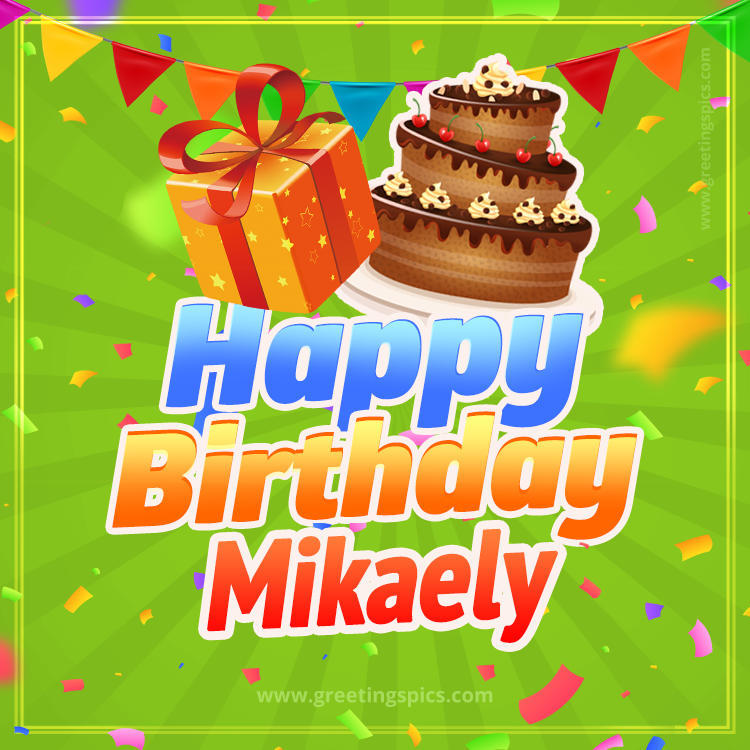 Happy Birthday Mikaely picture with flags, chocolate cake and gift box (square shape image)