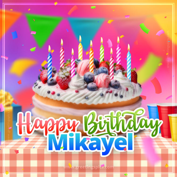 Happy Birthday Mikayel Colorful Image with fruit cake and candles (square shape image)