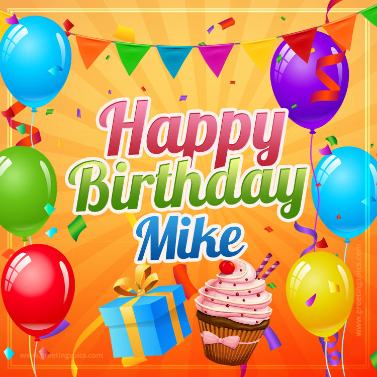 Happy Birthday Mike eCard with gift box and cupcake (square shape image)