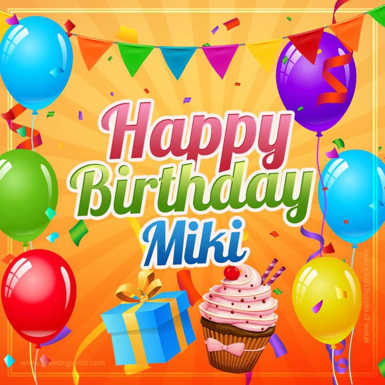 Happy Birthday Miki eCard with gift box and cupcake (square shape image)