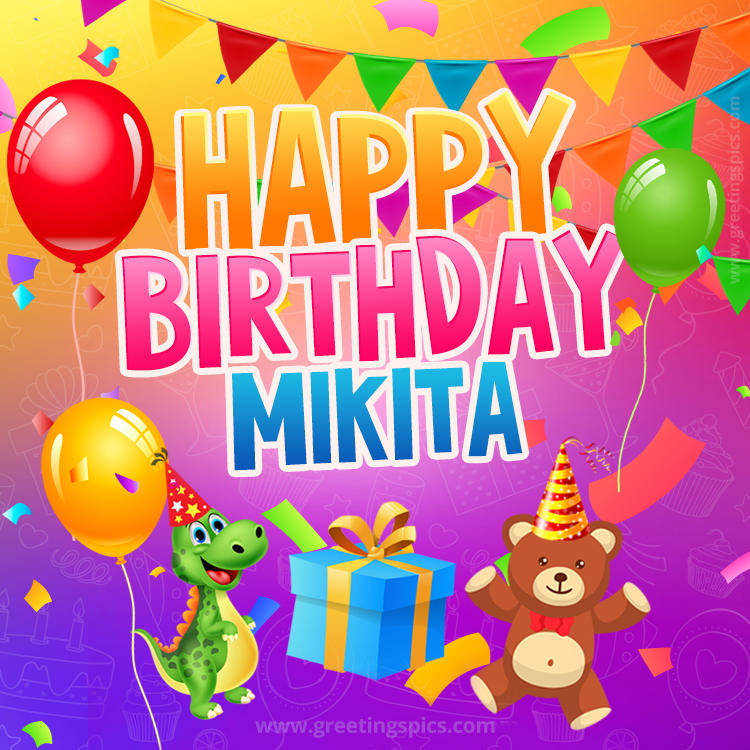 Happy Birthday Mikita Image for a child with cute baby dinosaur and bear (square shape image)