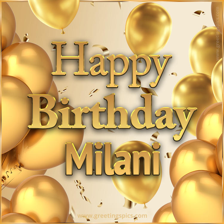 Happy Birthday Milani Card with golden confetti and balloons (square shape image)