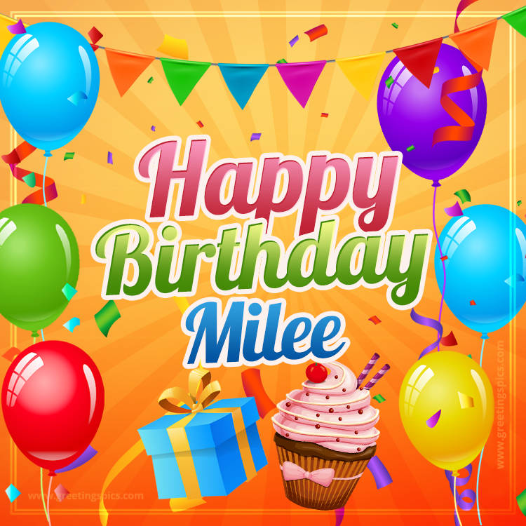 Happy Birthday Milee eCard with gift box and cupcake (square shape image)