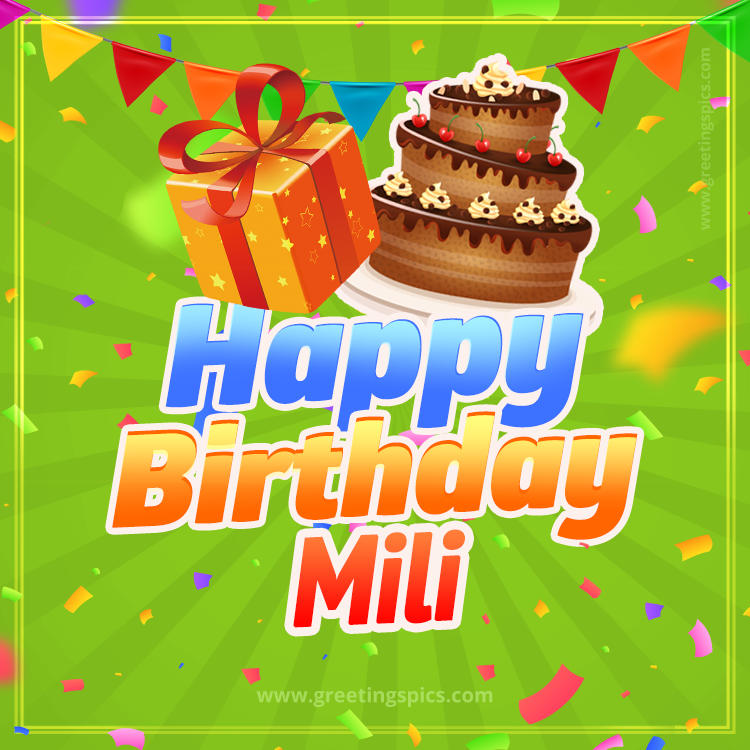 Happy Birthday Mili picture with flags, chocolate cake and gift box (square shape image)