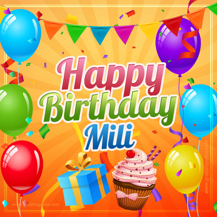 Happy Birthday Mili eCard with gift box and cupcake (square shape image)