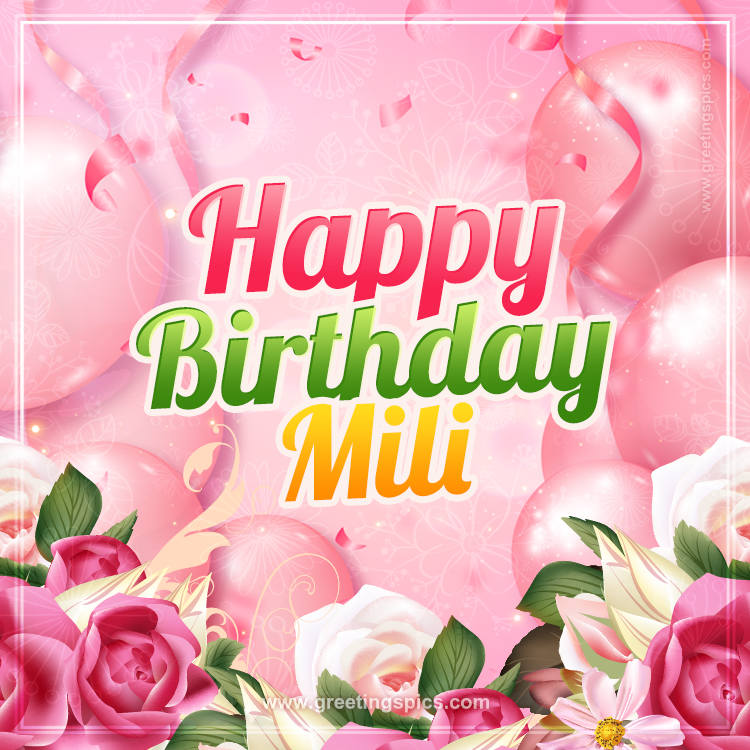 Image with gentle pink background and flowers Happy Birthday Mili (square shape image)