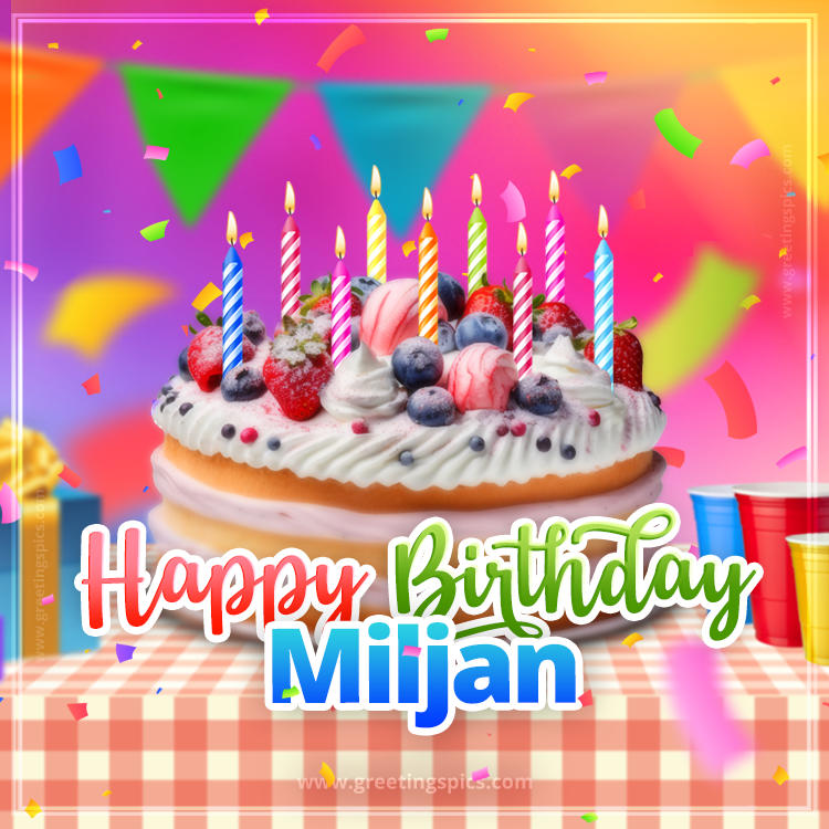 Happy Birthday Miljan Colorful Image with fruit cake and candles (square shape image)