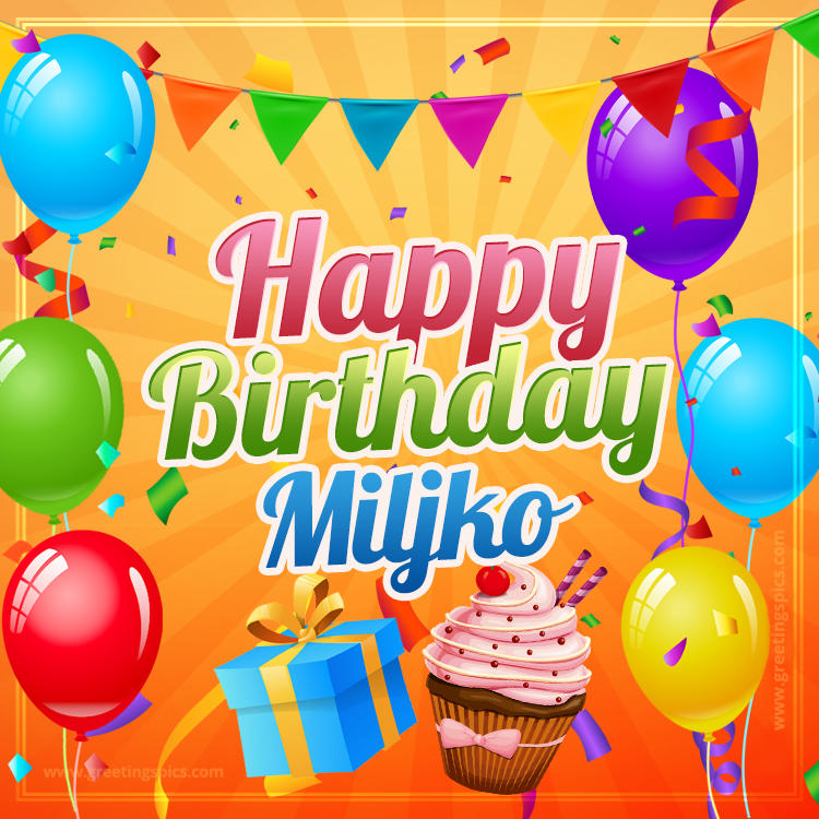 Happy Birthday Miljko eCard with gift box and cupcake (square shape image)