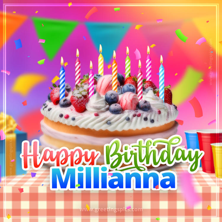 Happy Birthday Millianna Colorful Image with fruit cake and candles (square shape image)