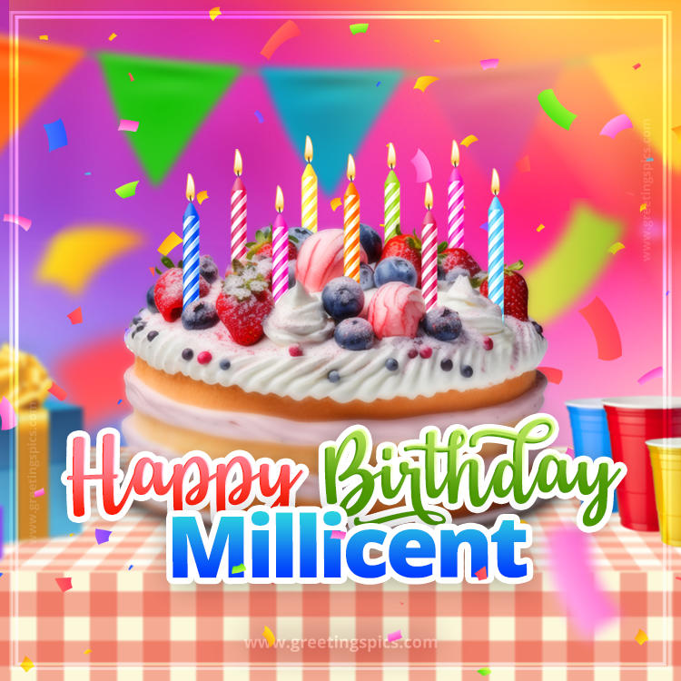 Happy Birthday Millicent Colorful Image with fruit cake and candles (square shape image)