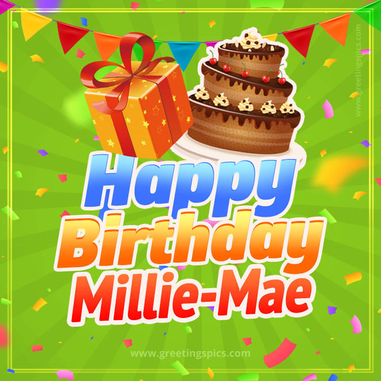 Happy Birthday Millie-Mae picture with flags, chocolate cake and gift box (square shape image)