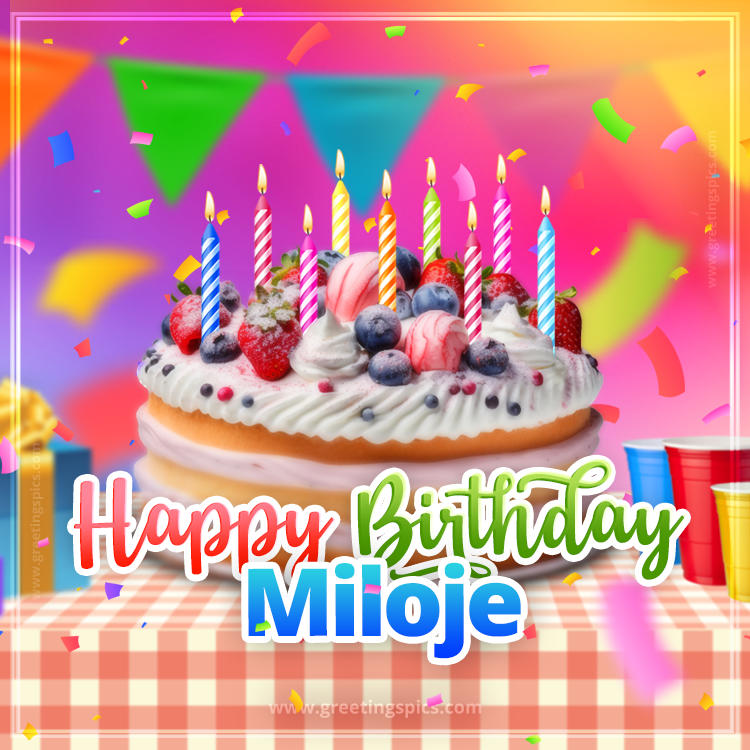 Happy Birthday Miloje Colorful Image with fruit cake and candles (square shape image)