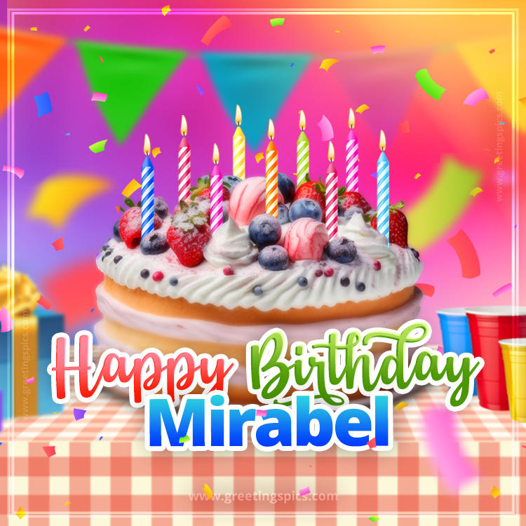 Happy Birthday Mirabel Colorful Image with fruit cake and candles (square shape image)