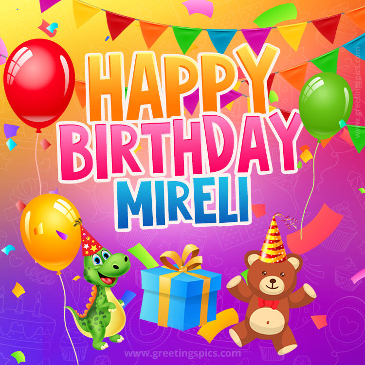 Happy Birthday Mireli Image for a child with cute dinosaur and bear (square shape image)