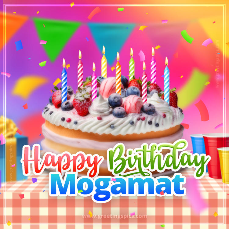 Happy Birthday Mogamat Colorful Image with fruit cake and candles (square shape image)