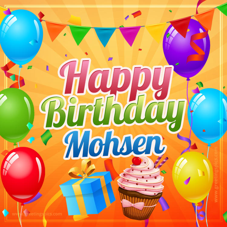 Happy Birthday Mohsen eCard with gift box and cupcake (square shape image)