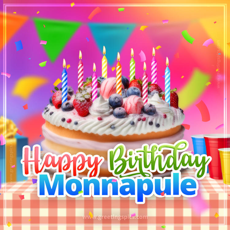 Happy Birthday Monnapule Colorful Image with fruit cake and candles (square shape image)