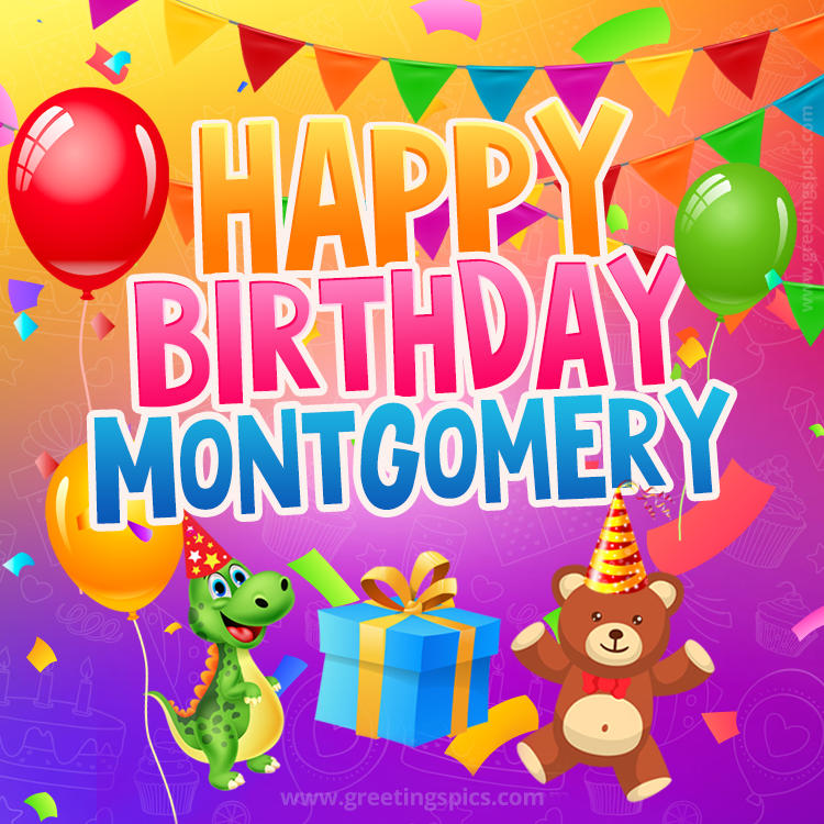 Happy Birthday Montgomery Image for a child with cute dinosaur and bear (square shape image)