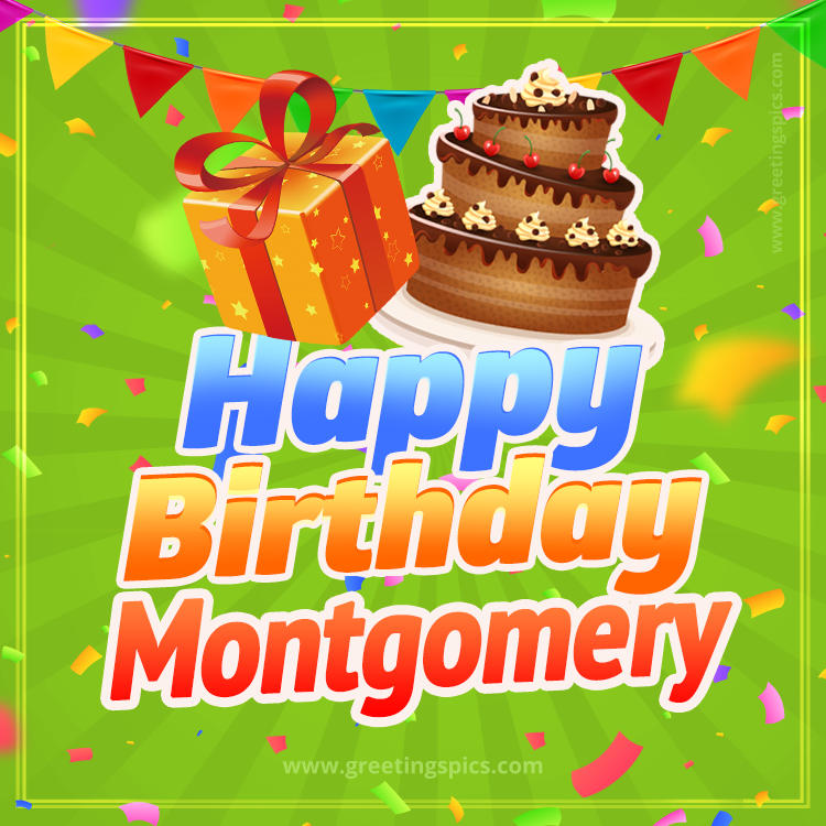 Happy Birthday Montgomery picture with flags, chocolate cake and gift box (square shape image)