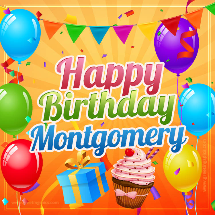 Happy Birthday Montgomery eCard with gift box and cupcake (square shape image)