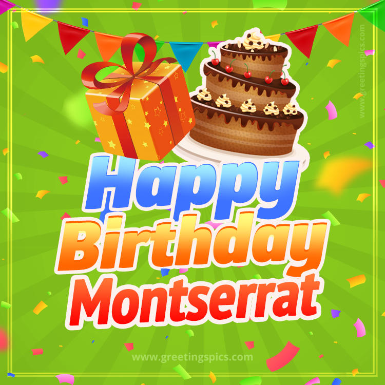 Happy Birthday Montserrat picture with flags, chocolate cake and gift box (square shape image)