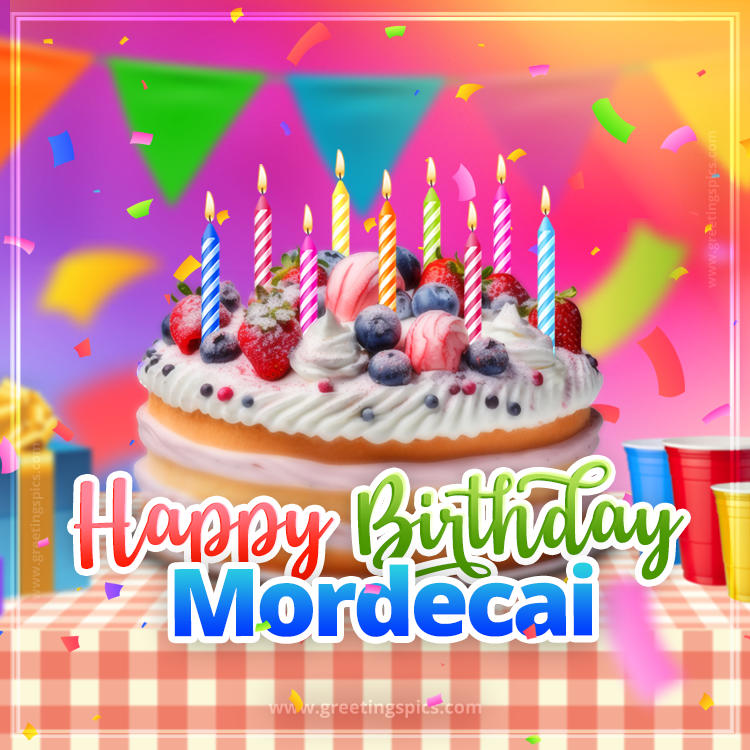 Happy Birthday Mordecai Colorful Image with fruit cake and candles (square shape image)