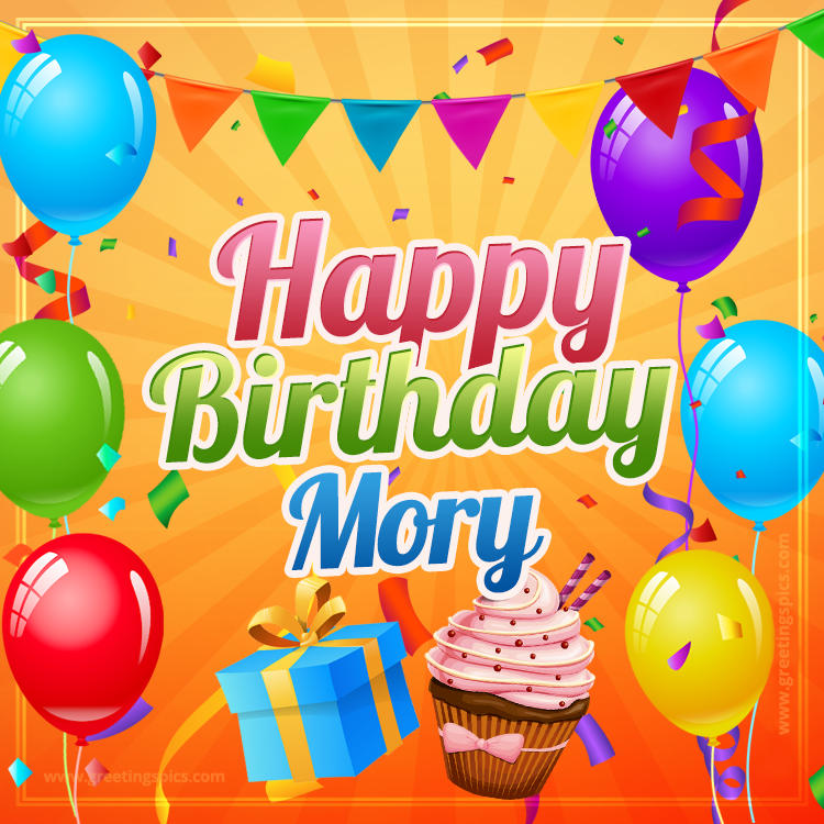 Happy Birthday Mory eCard with gift box and cupcake (square shape image)