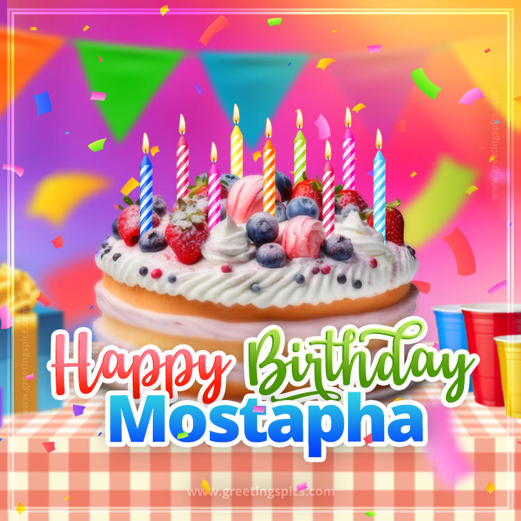 Happy Birthday Mostapha Colorful Image with fruit cake and candles (square shape image)