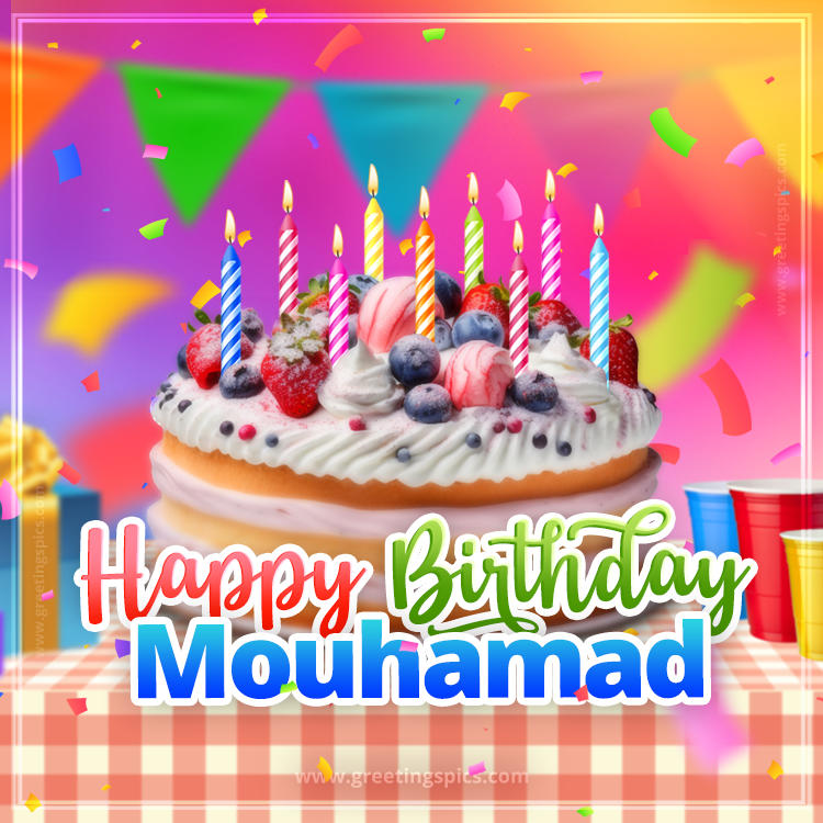 Happy Birthday Mouhamad Colorful Image with fruit cake and candles (square shape image)