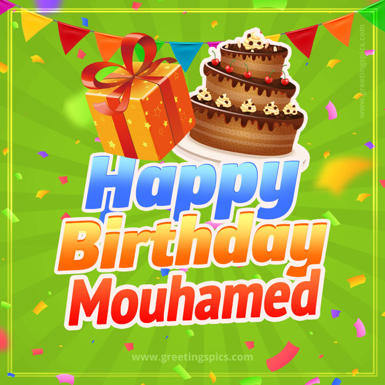 Happy Birthday Mouhamed picture with flags, chocolate cake and gift box (square shape image)