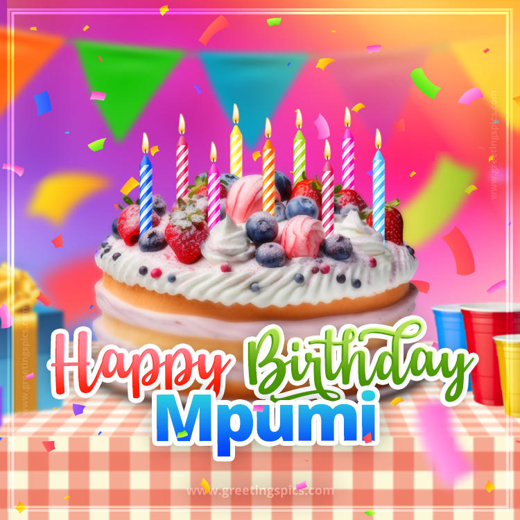 Happy Birthday Mpumi Colorful Image with fruit cake and candles (square shape image)