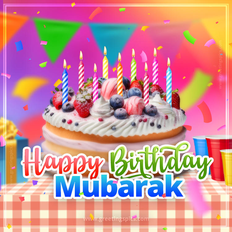 Happy Birthday Mubarak Colorful Image with fruit cake and candles (square shape image)