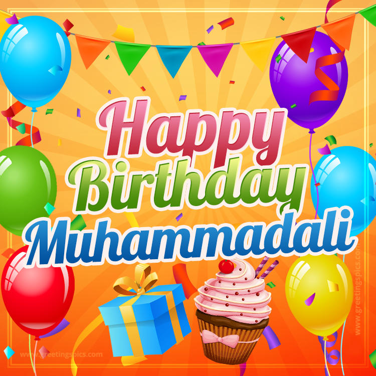 Happy Birthday Muhammadali eCard with gift box and cupcake (square shape image)