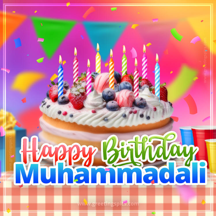 Happy Birthday Muhammadali Colorful Image with fruit cake and candles (square shape image)