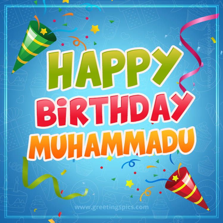 Happy Birthday Muhammadu picture with confetti and party poppers (square shape image)