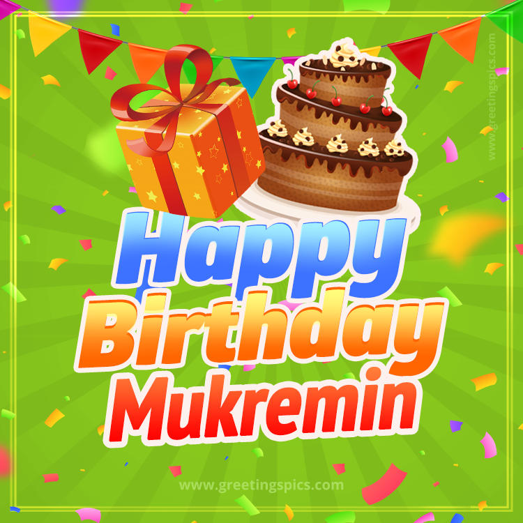 Happy Birthday Mukremin picture with flags, chocolate cake and gift box (square shape image)