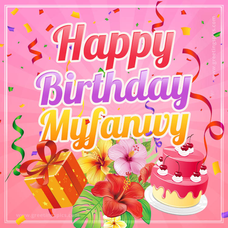 Beautiful Birthday Card for Myfanwy with Cake and bouquet of flowers (square shape image)