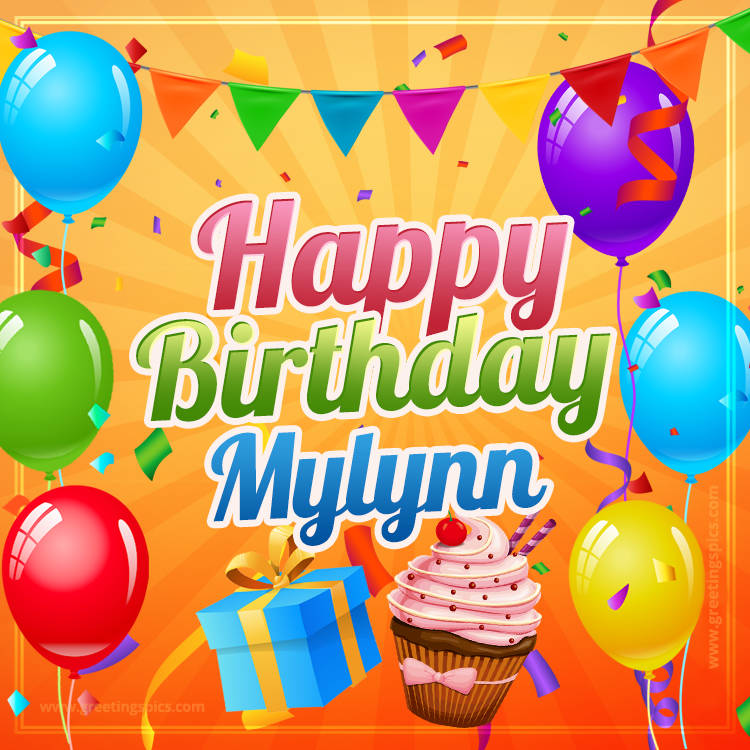 Happy Birthday Mylynn eCard with gift box and cupcake (square shape image)