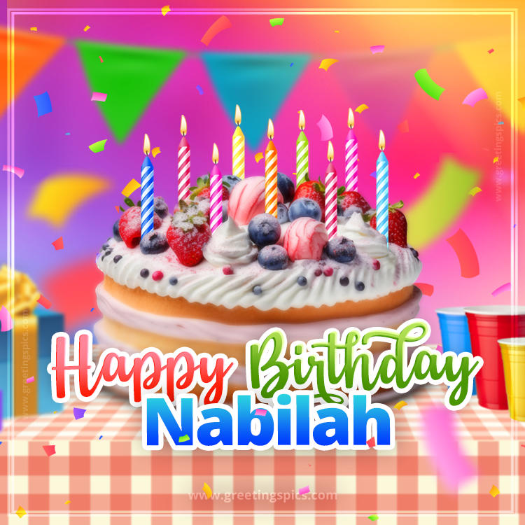 Happy Birthday Nabilah Colorful Image with fruit cake and candles (square shape image)