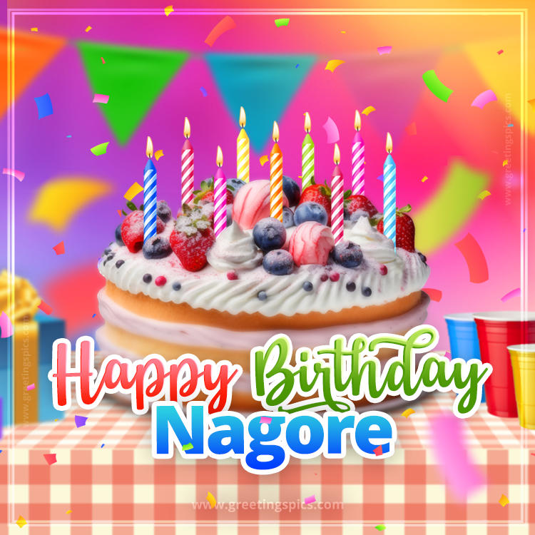 Happy Birthday Nagore Colorful Image with fruit cake and candles (square shape image)