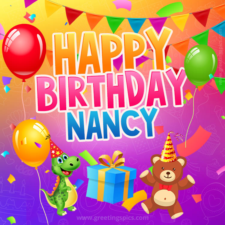 Happy Birthday Nancy Image for a child with cute dinosaur and bear (square shape image)