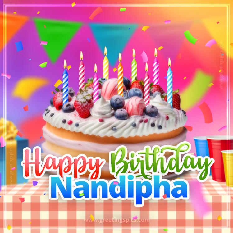 Happy Birthday Nandipha Colorful Image with fruit cake and candles (square shape image)