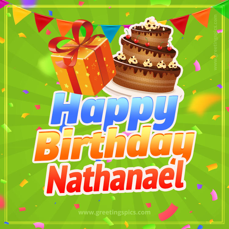 Happy Birthday Nathanael picture with flags, chocolate cake and gift box (square shape image)