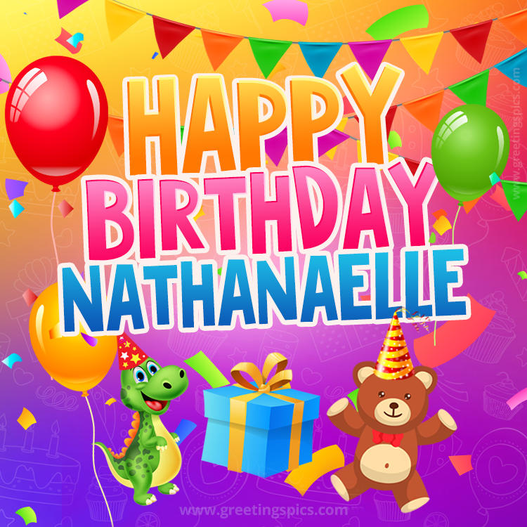 Happy Birthday Nathanaelle Image for a child with cute dinosaur and bear (square shape image)