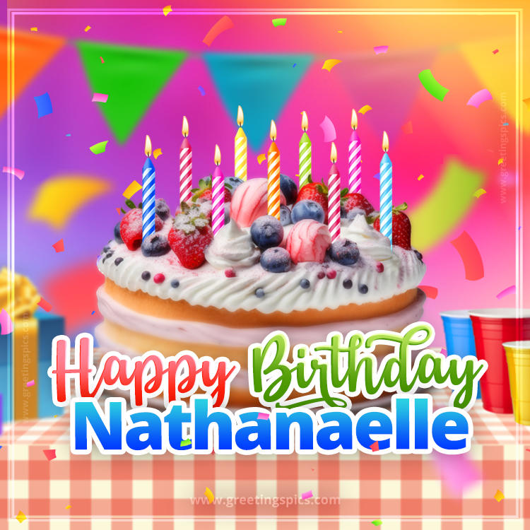 Happy Birthday Nathanaelle Colorful Image with fruit cake and candles (square shape image)