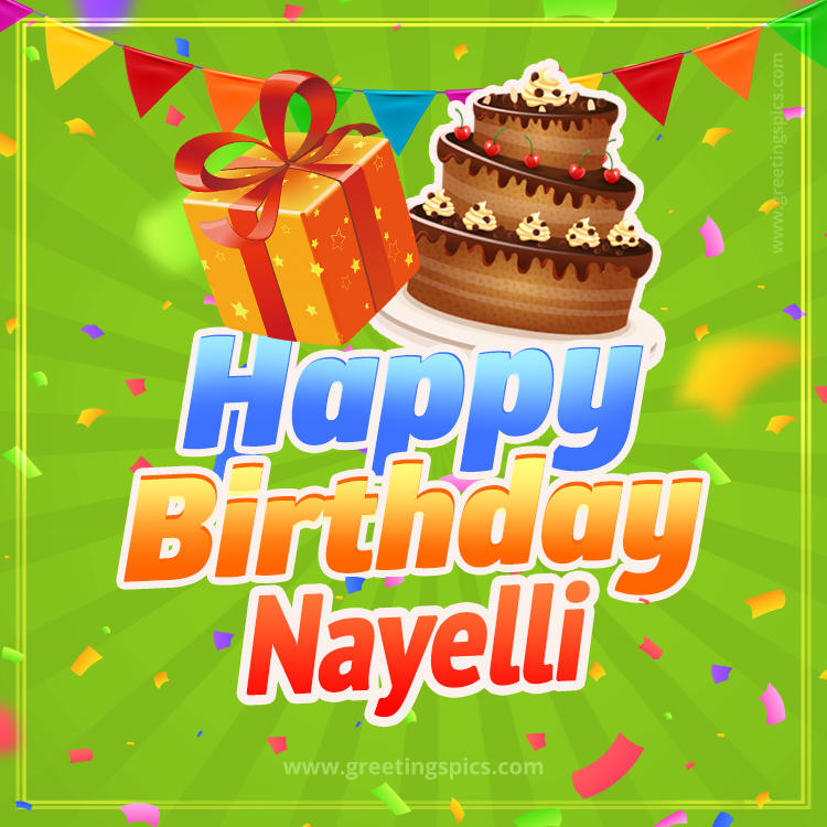 Happy Birthday Nayelli picture with flags, chocolate cake and gift box (square shape image)