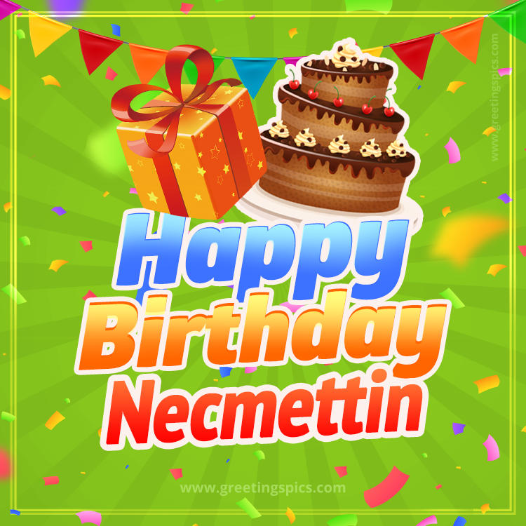 Happy Birthday Necmettin picture with flags, chocolate cake and gift box (square shape image)