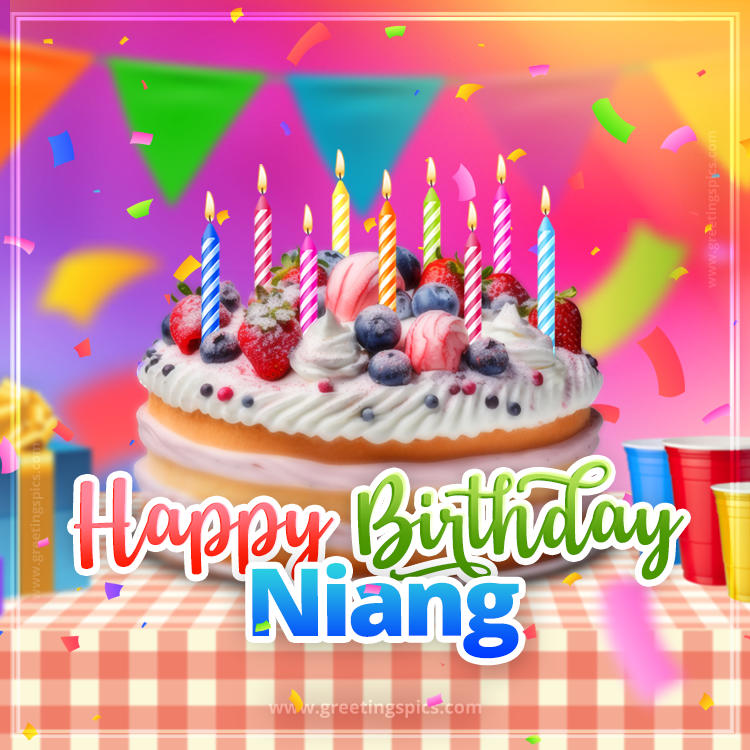 Happy Birthday Niang Colorful Image with fruit cake and candles (square shape image)