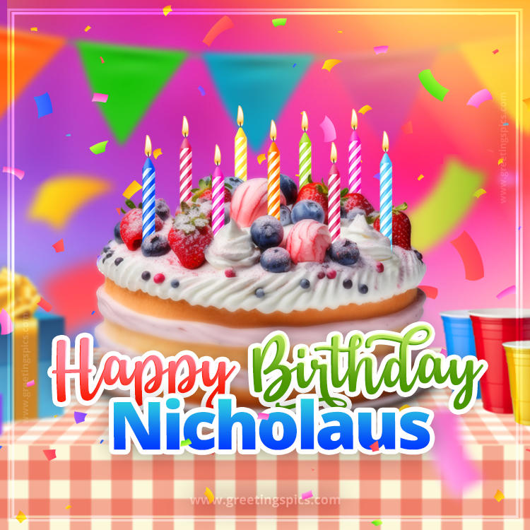 Happy Birthday Nicholaus Colorful Image with fruit cake and candles (square shape image)