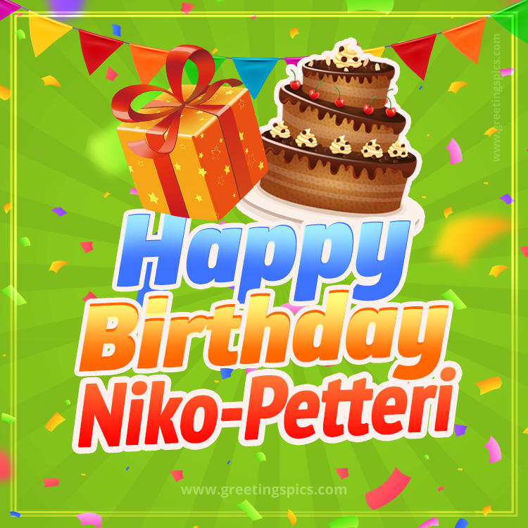 Happy Birthday Niko-Petteri picture with flags, chocolate cake and gift box (square shape image)